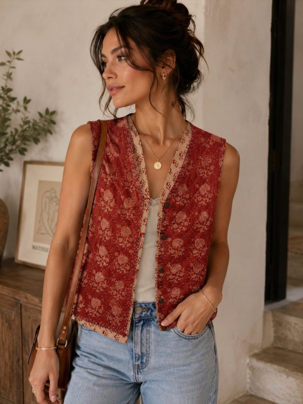 Rust Red Block Print Boho Reversible Kanthan Vest